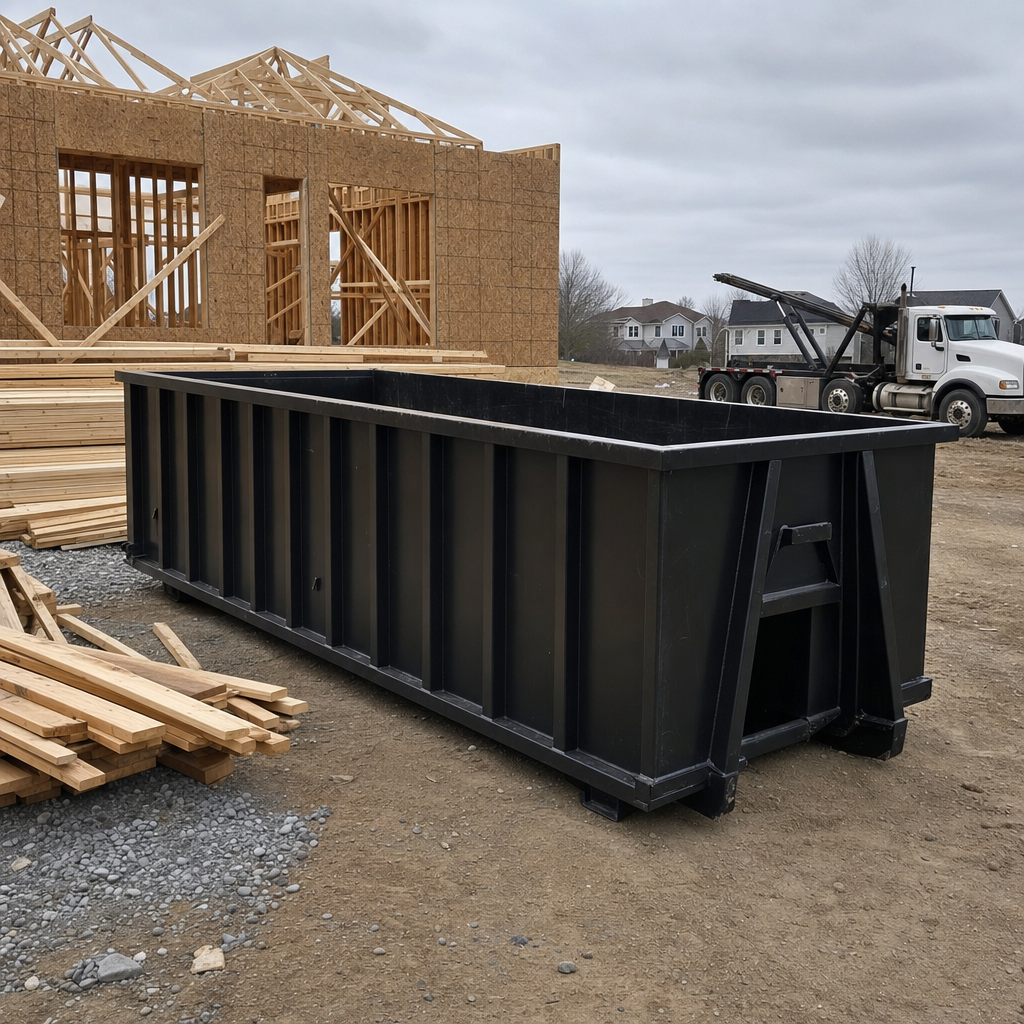 Matte-black 40-yard roll-off dumpster staged on a framed-out residential construction site in Redlands, framing lumber stacked nearby, hooklift delivery truck visible in the background under bright Colorado daylight