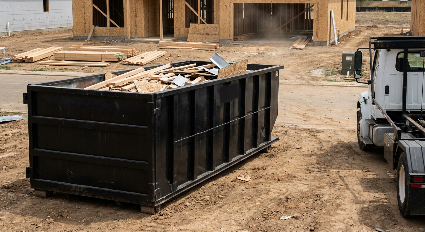 Matte-black 20-yard roll-off construction dumpster with heavy ribbed steel sidewalls and swing rear doors at a working jobsite in Redlands, sitting directly on compacted dirt with an unmarked white hauler partially visible at the far edge of the frame.