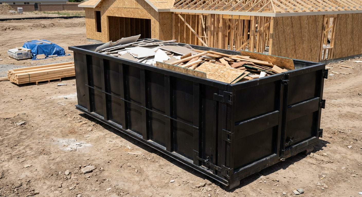 Matte-black 30-yard roll-off construction dumpster sitting directly on the compacted-dirt site of a framed single-family home build in Redlands, drywall and lumber scrap loaded inside.