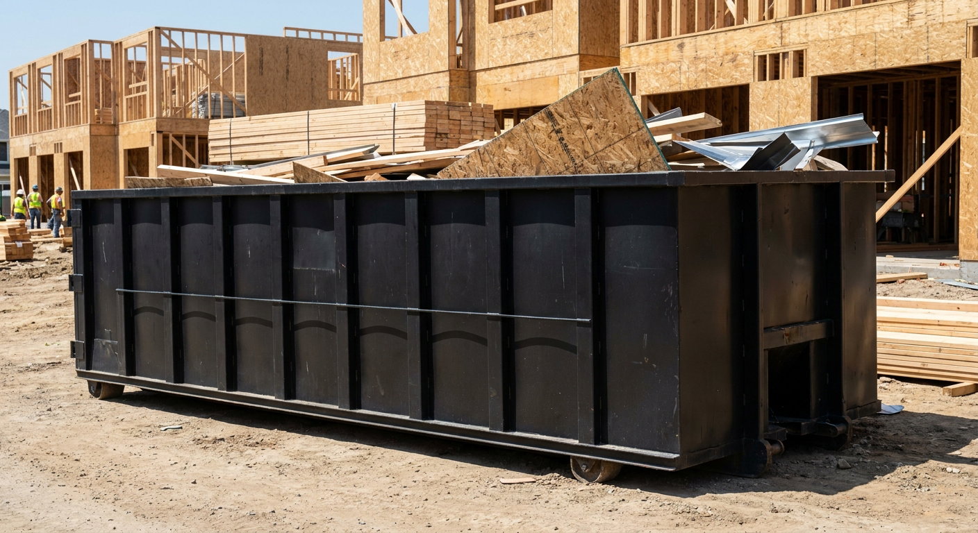 Matte-black 40-yard roll-off construction dumpster being lowered from a white-cab hooklift delivery truck onto the compacted-dirt jobsite at a commercial build site in Redlands