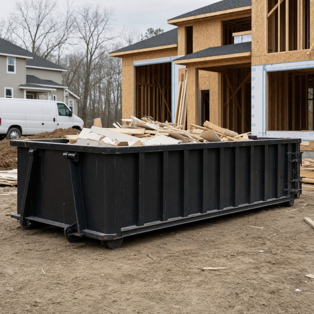 Worker in a yellow high-visibility vest tossing framing lumber and broken drywall into a matte-black 30-yard construction roll-off dumpster on an active build site in Redlands, bright daylight