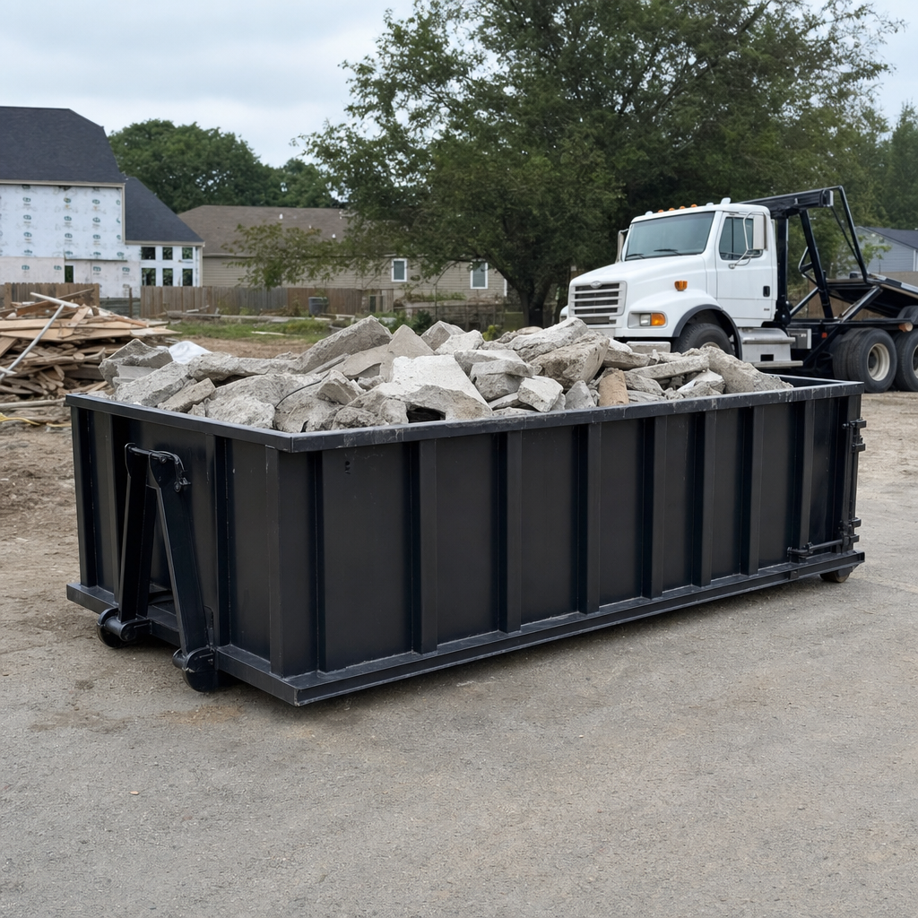 Low-profile matte-black lowboy roll-off dumpster loaded with broken concrete slab and rebar at a foundation tear-out in Redlands, skid steer parked beside it, sunny Colorado morning