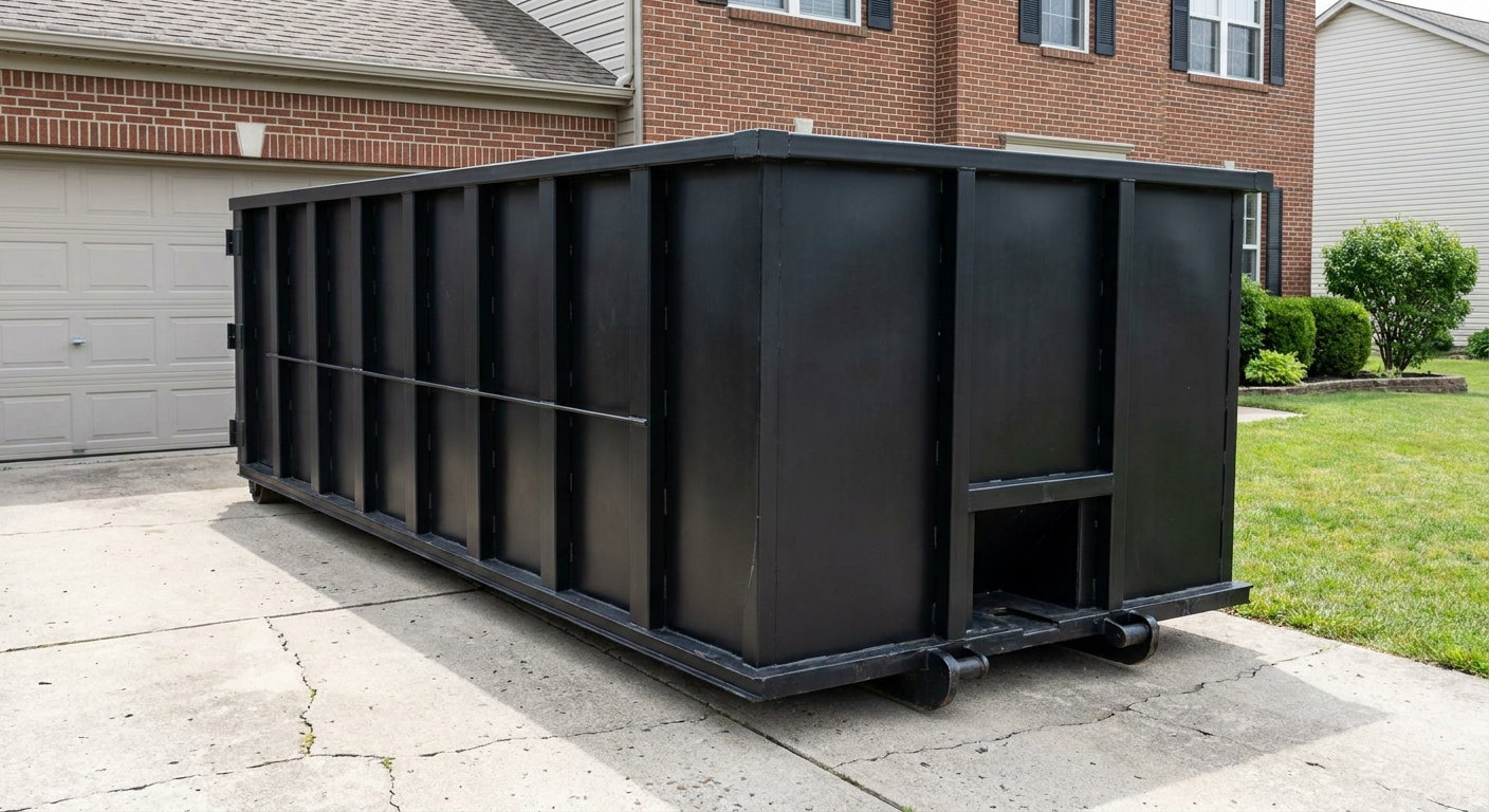 Matte-black 20-yard roll-off container on a Redlands residential concrete driveway with reinforced ribbed steel sidewalls and a hinged rear walk-in door, clean bright daylight.
