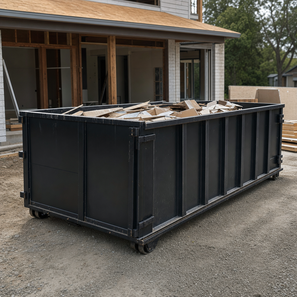 Large matte-black 30-yard construction roll-off dumpster at an active Redlands jobsite, steel-gray top rails and bottom rollers visible, loaded with construction debris.