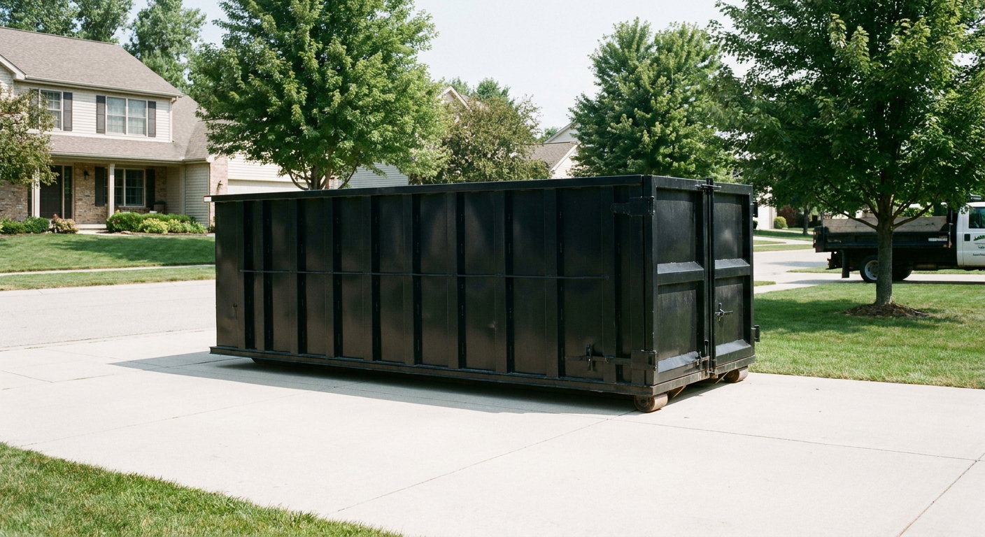 Matte-black 20-yard roll-off dumpster sitting level on a clean Redlands residential concrete driveway under bright daylight, demonstrating clean placement directly on the concrete.