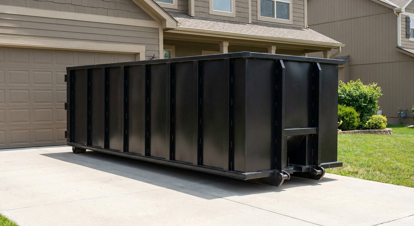 Matte-black residential roll-off dumpster sitting directly on a suburban Redlands concrete driveway, garage door closed, single-family home in background, bright morning daylight.