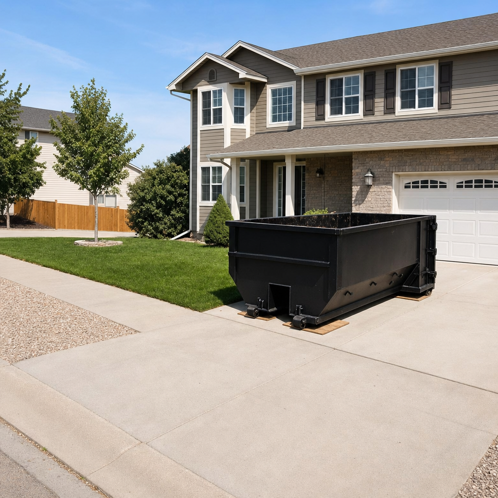 10-yard matte-black residential dumpster placed directly on a narrow Redlands concrete driveway, room remains for a parked sedan beside it, mid-morning natural light