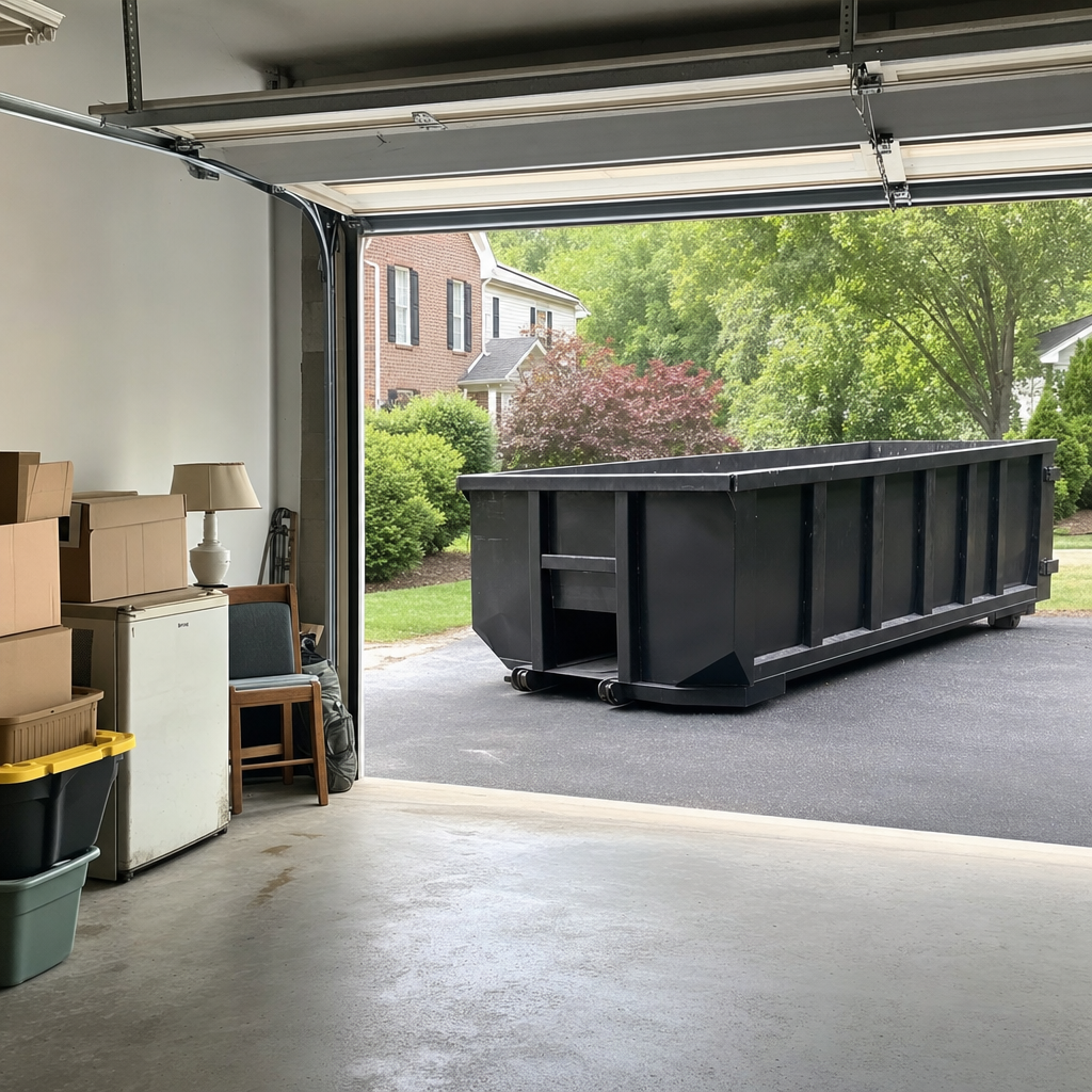 Open garage interior in a Redlands home mid-cleanout — boxed items, an old appliance, and stacked yard tools queued near the driveway for a matte-black roll-off dumpster, organized and calm