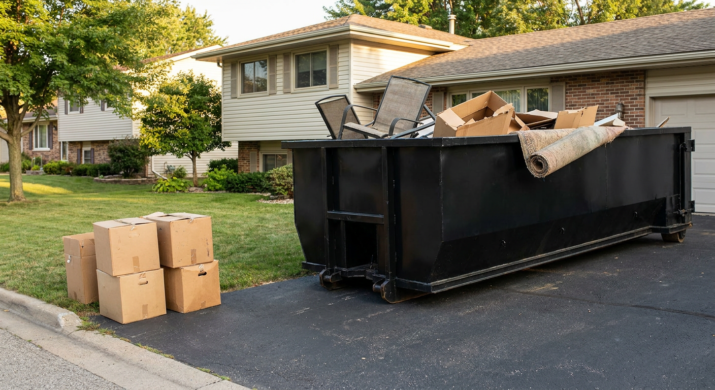 Front-yard view of a Redlands split-level home with a 20-yard matte-black roll-off dumpster sitting directly on the asphalt driveway, a few clearly labeled donation boxes staged at the curb, calm sunny afternoon.