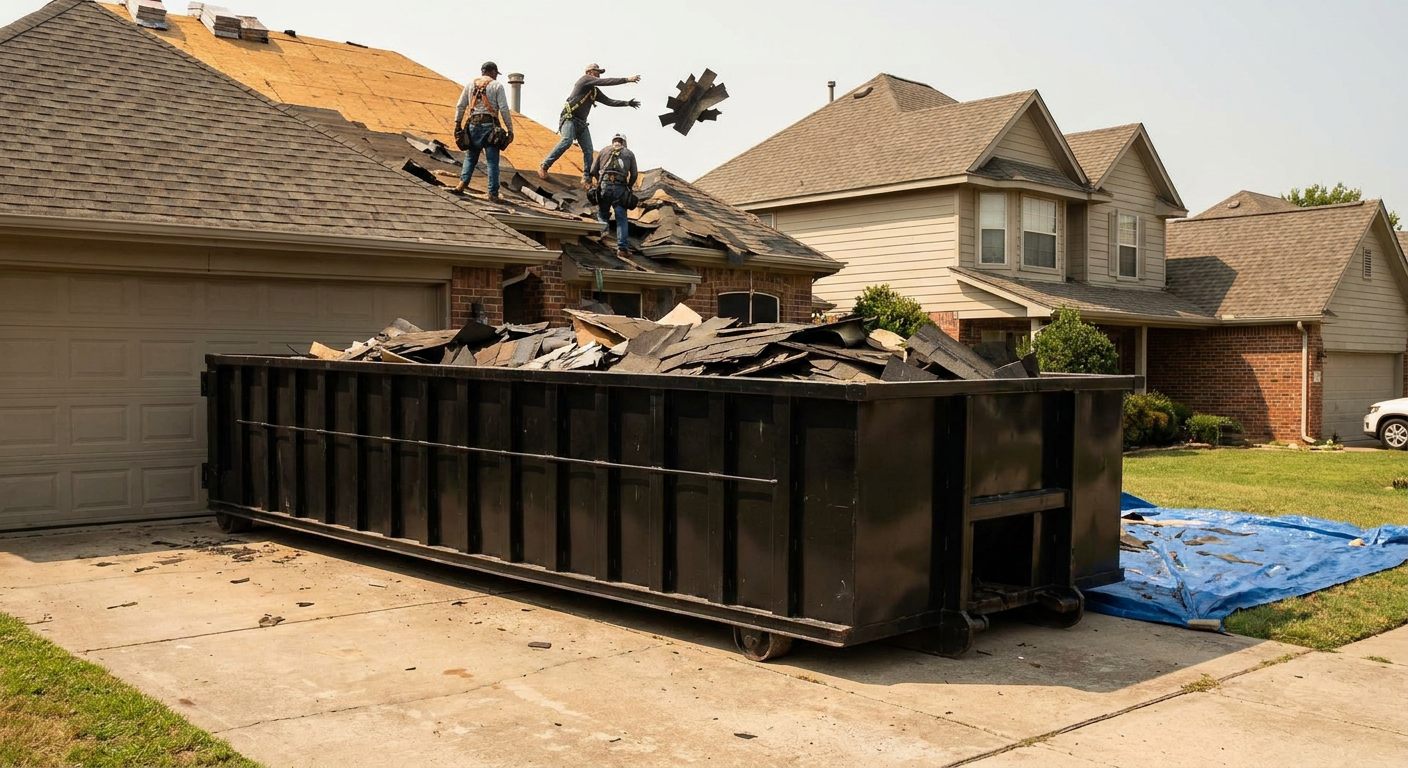 Matte-black roofing roll-off dumpster placed directly on a Redlands residential concrete driveway, a tear-off crew on a two-story asphalt-shingle roof tossing shingle bundles into the low-walled container, bright daylight, documentary 35mm perspective.