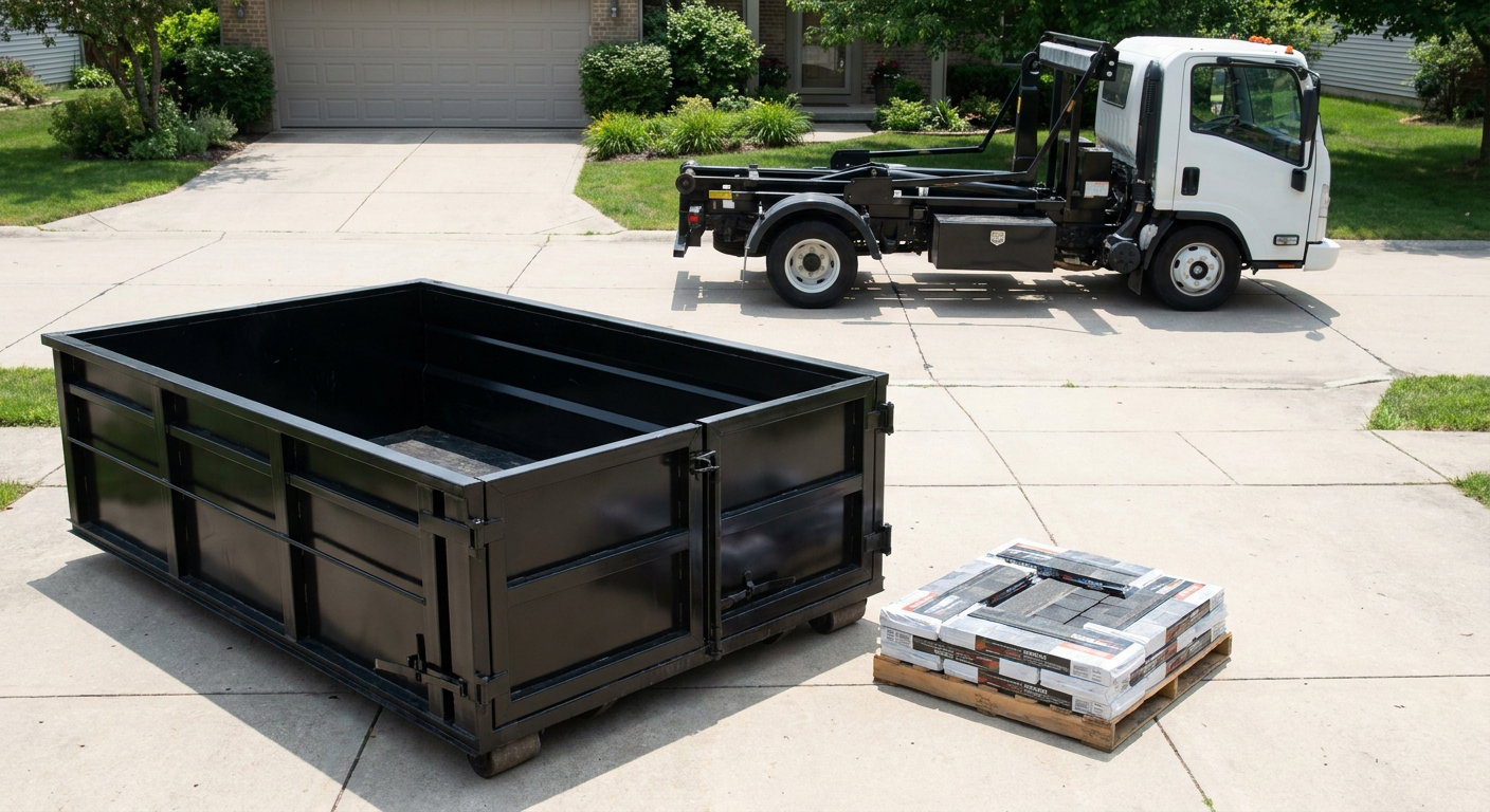 Matte-black 15-yard roofing roll-off dumpster with reinforced low side walls sitting directly on a Redlands residential concrete driveway, three-tab asphalt shingle bundles stacked nearby, an unmarked white hauler truck partially visible at the edge of the frame.