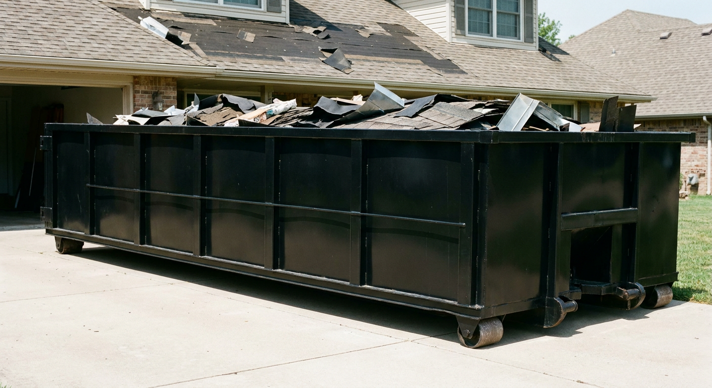 Matte-black 20-yard roofing roll-off dumpster with steel ribbed sides and swinging rear door, sitting directly on the concrete driveway of a two-story Redlands home, asphalt shingle debris being loaded over the low wall, clean documentary lighting.