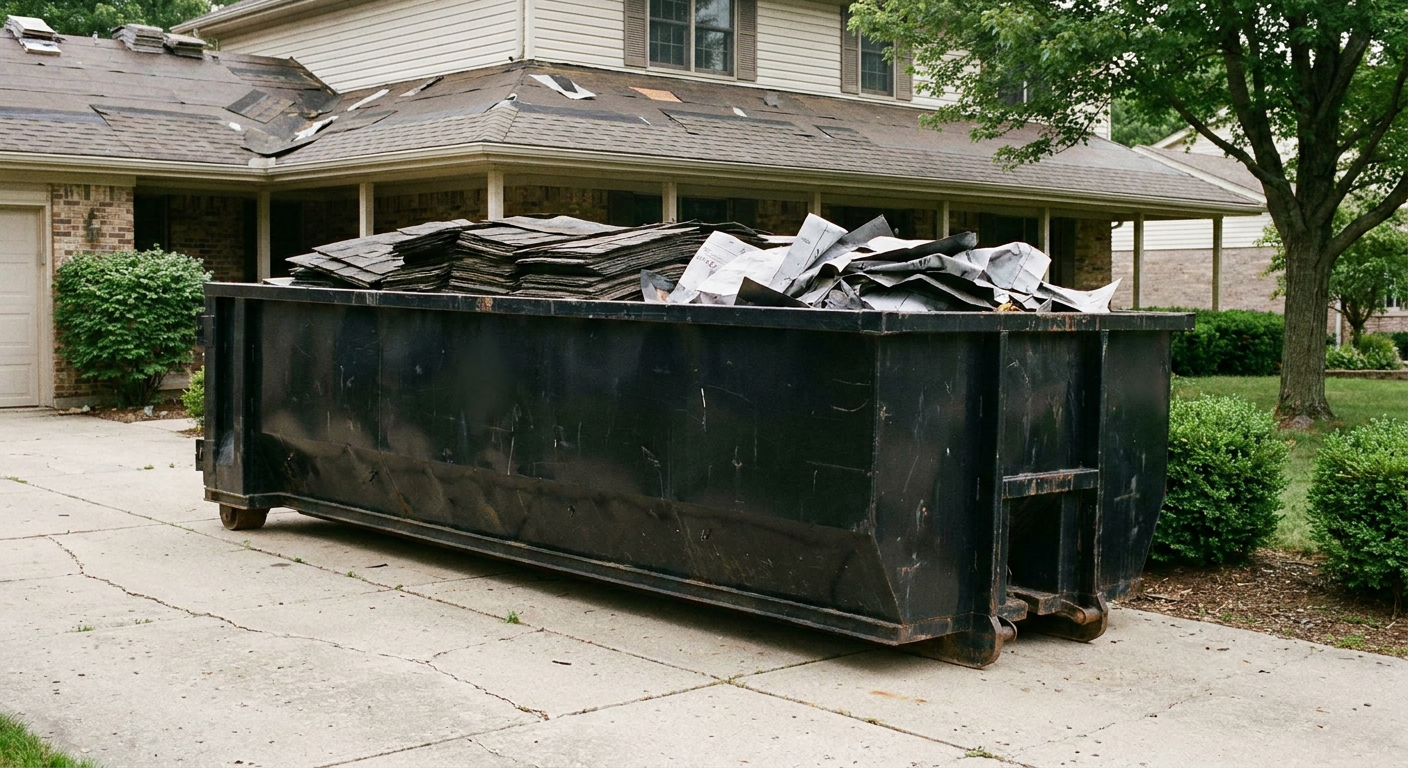 Matte-black 30-yard roofing roll-off dumpster sitting directly on a Redlands concrete driveway, taller ribbed steel side panels, mixed tear-off debris of asphalt shingles and underlayment inside, professional documentary daylight.
