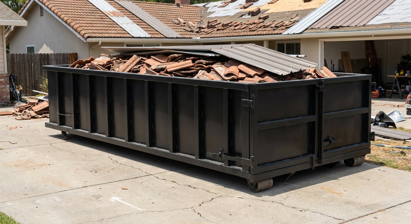 Matte-black low-wall heavy-debris roofing roll-off dumpster sitting directly on a Redlands concrete driveway, broken concrete clay roof tiles and metal panel sections loaded inside, reinforced ribbed steel side walls visible, bright outdoor daylight.