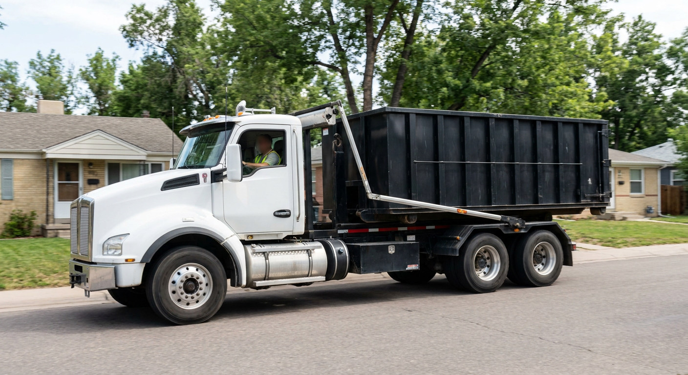 A wide documentary shot of a matte-black roll-off delivery truck pulling onto a quiet Redlands residential street at mid-morning, with neighborhood rooftops and tree-lined blocks visible behind, showing the metro coverage footprint.
