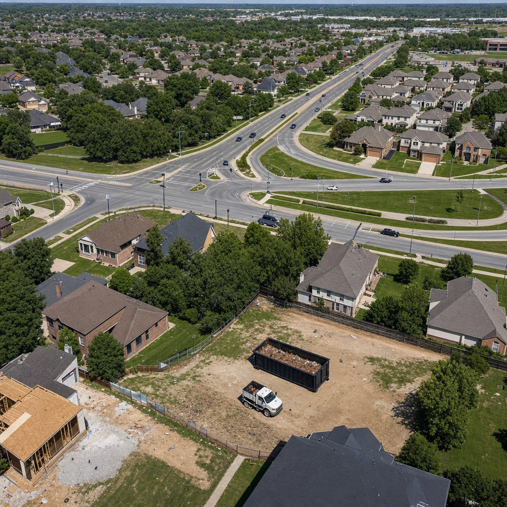 An overhead documentary view of the Redlands metro area at midday, showing the spread of neighborhoods, arterial roads, and the dispatch radius from a central yard — clean daylight, organized geographic layout.