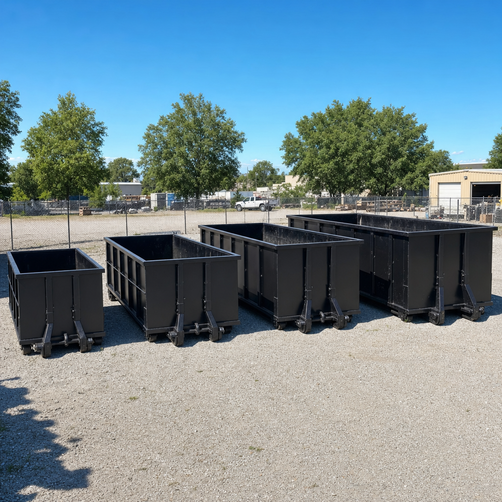 A clean lineup of matte-black roll-off dumpsters in 10, 20, 30, and 40-yard sizes staged on a sunlit gravel yard in Redlands, showing the size progression from compact to commercial-scale containers.
