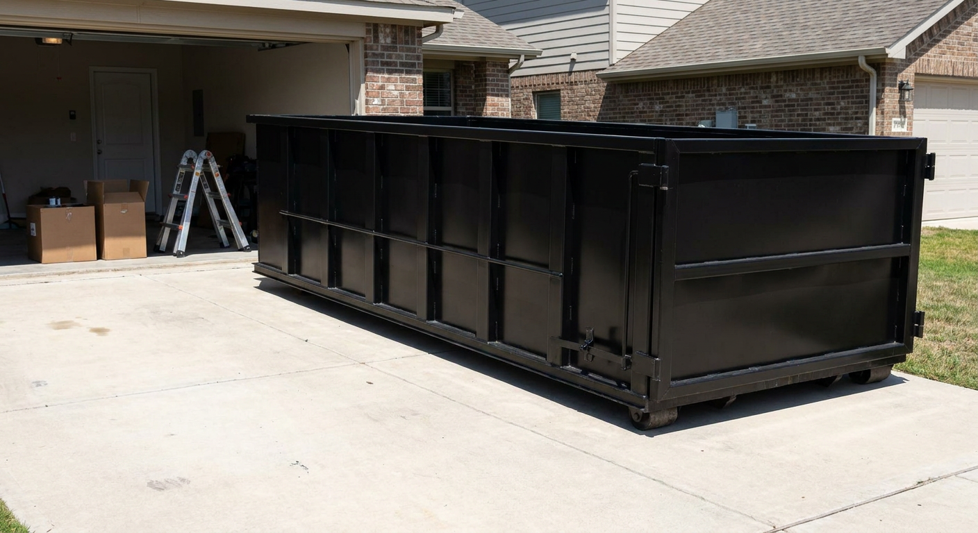 A matte-black 10-yard roll-off dumpster sitting directly on a residential Redlands concrete driveway, mid-day sunlight, clean and ready for a garage cleanout.