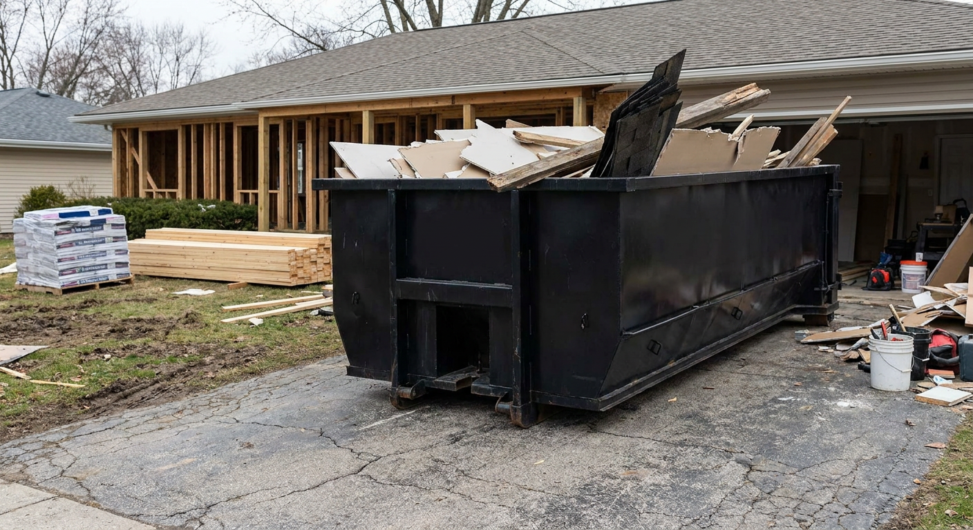 A matte-black 20-yard roll-off dumpster placed alongside a mid-renovation Redlands home directly on the asphalt driveway, with framing materials and torn-off shingles staged neatly nearby.