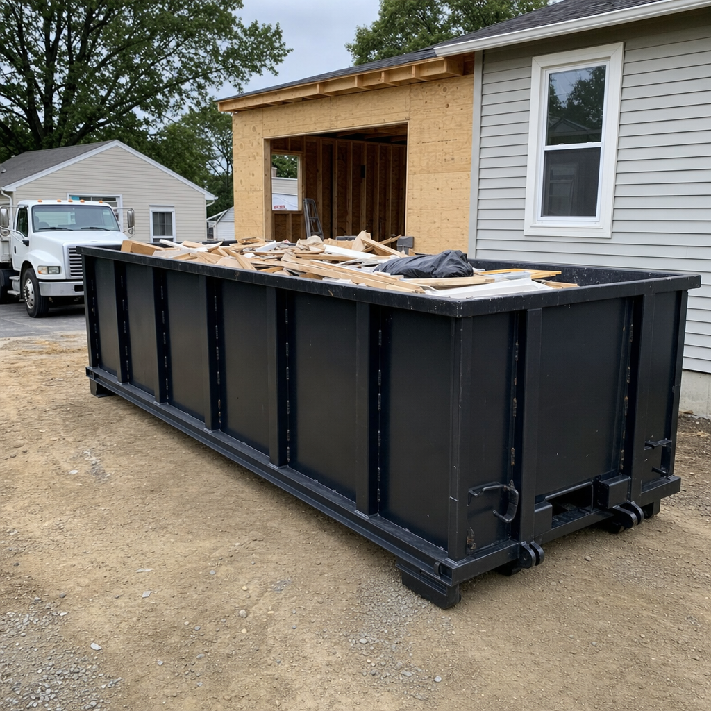 A matte-black 30-yard roll-off dumpster positioned at a Redlands residential addition jobsite, with framing lumber and drywall scraps loaded through the open swinging rear doors.