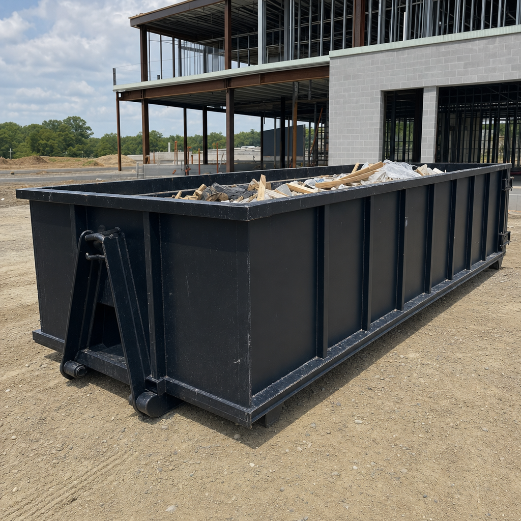 A matte-black 40-yard roll-off dumpster staged on a large Redlands commercial construction lot, with a hooklift delivery truck parked alongside under bright midday sky.