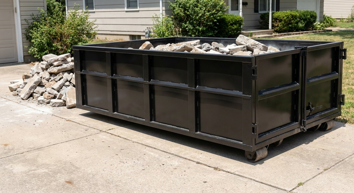 A matte-black low-side heavy-debris roll-off dumpster placed directly on a Redlands concrete driveway, with broken concrete chunks neatly stacked beside it under clean daylight.